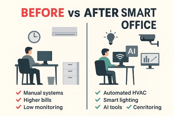 Side-by-side images of a smart office before and after Onebee automation, illustrating enhanced organization and technology