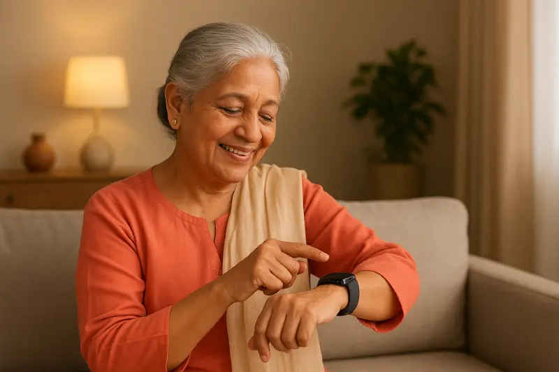 Indian elderly woman wearing a smart SOS bracelet at home, symbolizing safety and connected living for seniors.
