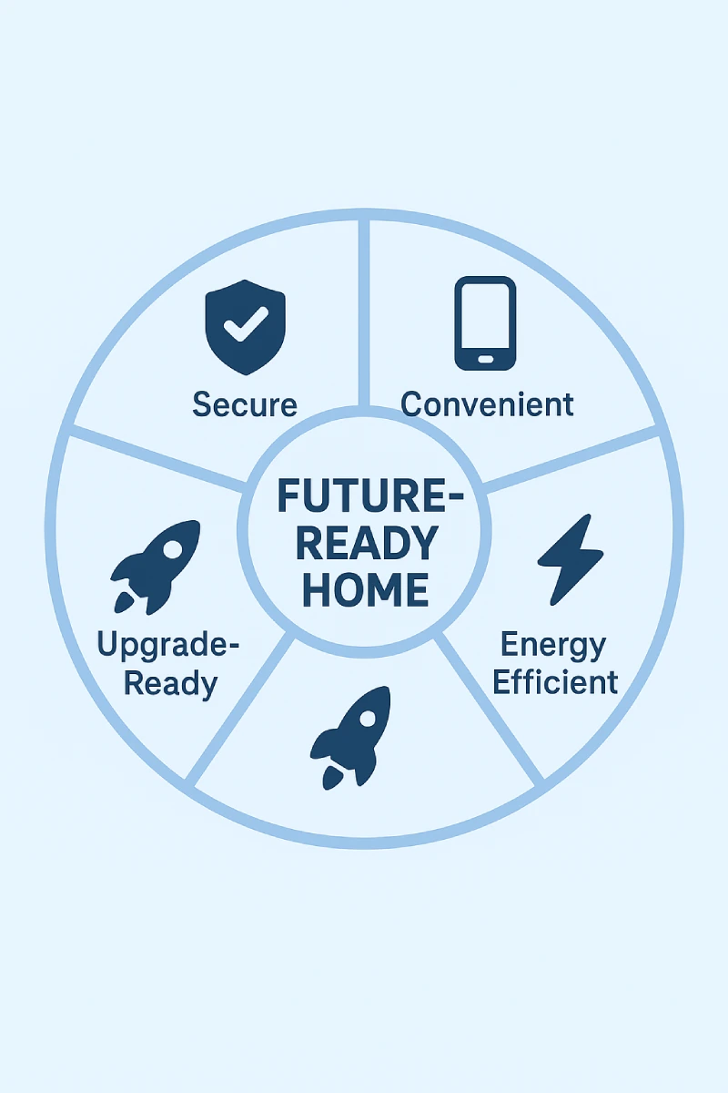 Smart Construction benefits wheel - secure, convenient, energy-efficient, and upgrade-ready homes