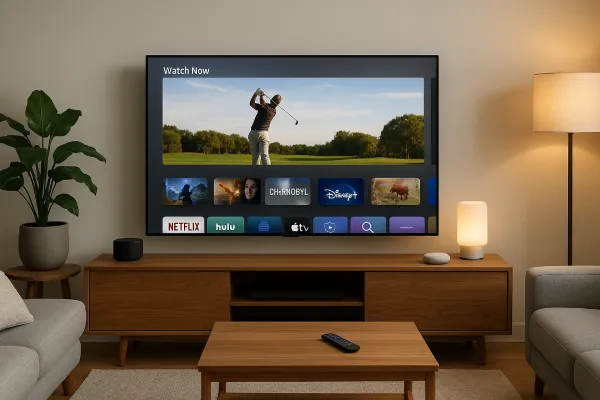 Smart living room with TV, speakers, and connected lighting.