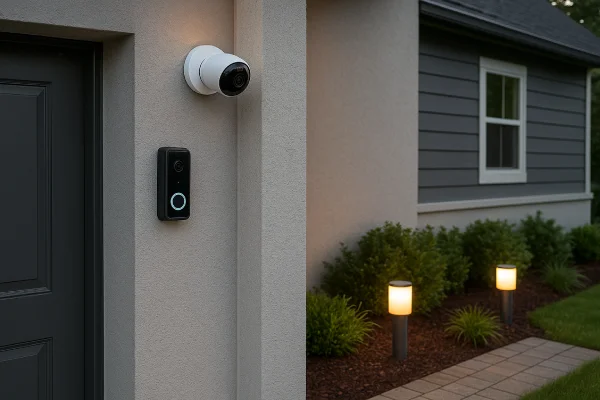 Smart outdoor home security with camera, lights, and video doorbell.