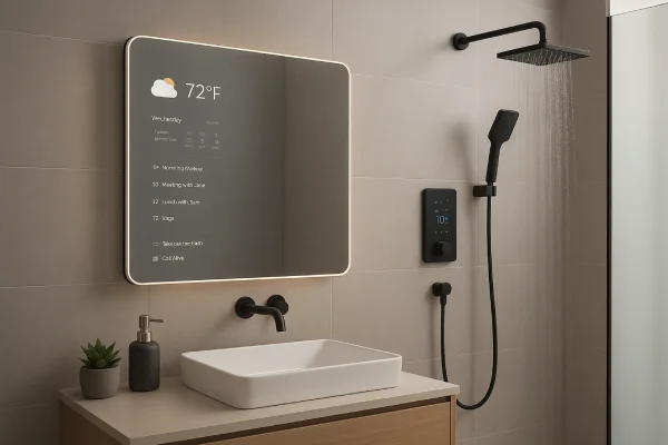 Smart bathroom with connected mirror and shower.