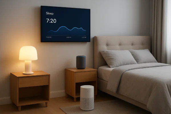 Smart bedroom with automated lighting and health-focused devices.