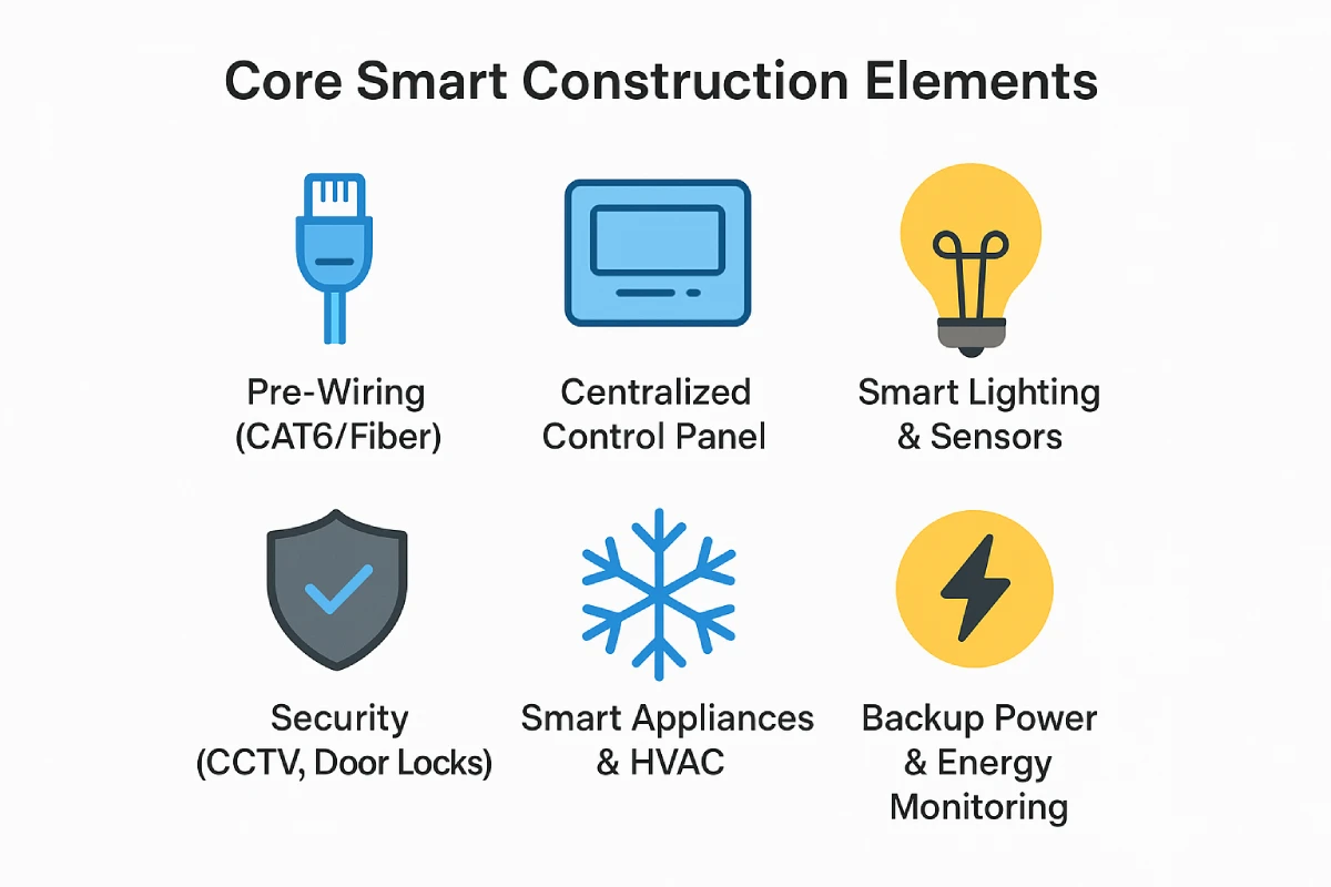 Core elements of Smart Construction - wiring, control panel, security, HVAC, and energy solutions