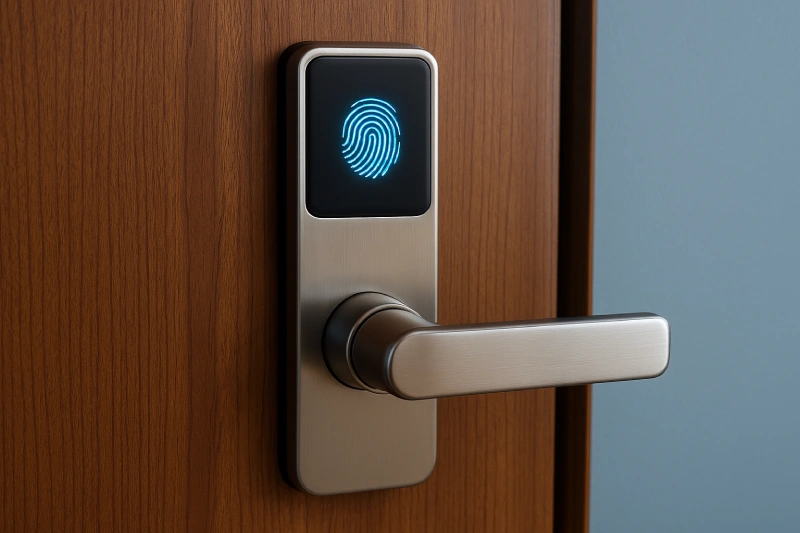 Close-up of a smart lock and biometric fingerprint scanner on a front door, representing IoT-based home security in India.