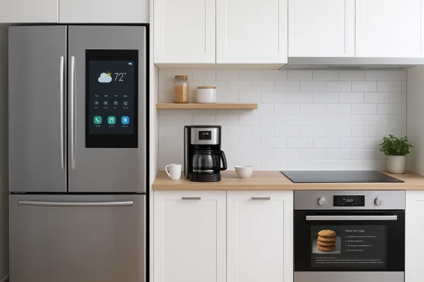 Modern smart kitchen with connected appliances for convenience.