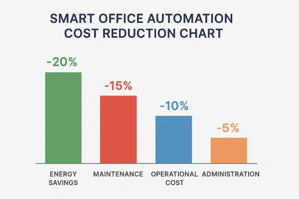 Smart Office Automation 2025 chart illustrating energy savings, reduced maintenance, and efficiency benefits.