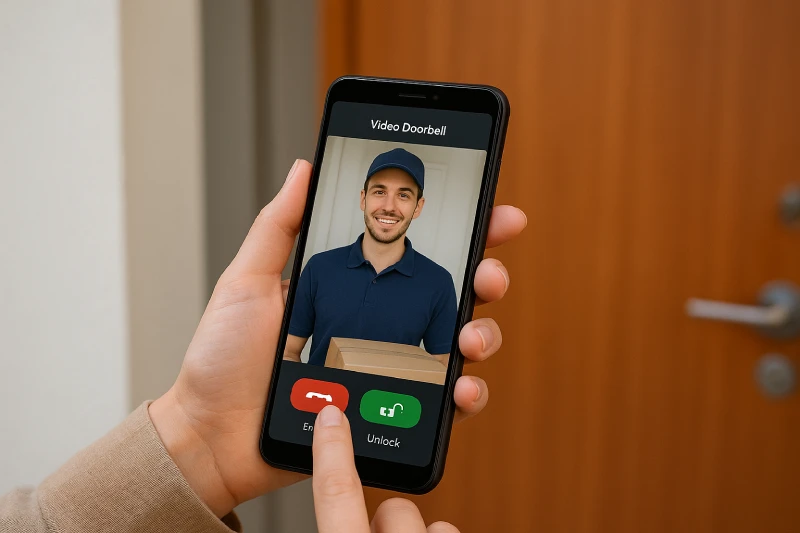 Resident using video door phone app for apartment entry communication.