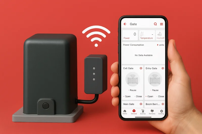 Close-up of a smart gate motor and Wi-Fi module connected to a smartphone displaying a smart gate control app dashboard.